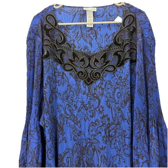 Catherines Blue Black Scroll Crinkle Pleated Crochet Georgette Blouse‎ Size 5X - Picture 3 of 10
